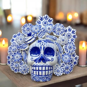 Sugar skull, Catrina, Day of the Dead Ornaments, Skull As Mexican Decoration, Human Skull Sculpture, Wall  Home Decor Handcrafted