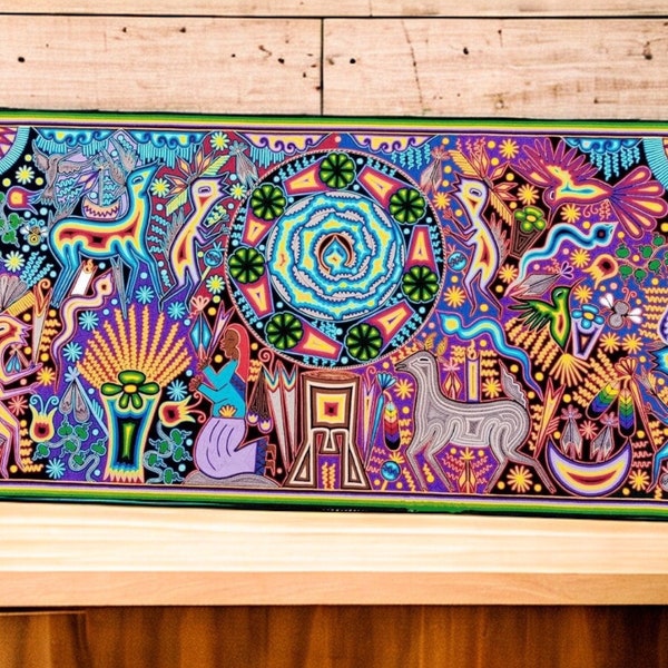 Pintura en Hilo Huichol de México 47.24 “x 23.62” en Calidad Diamante, Hecha por Arte Huichol Xitacame, Decoración Mexicana, Arte de Pared Mexicano