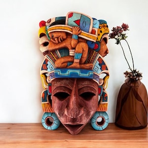 Prehispanic Wooden Mask, Mayan Culture, Made By Mayan Artisans Yucatán MEX Wall Art, Hand Carved And Painted Cedar Wood Folk Art WeCUSTOMIZE