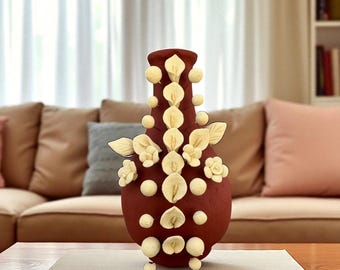 Handgemaakte Metepec-kleivaas met zwarte bloemen, Mexicaans Barro bloemendecor rustiek terracotta, aardewerk unieke ambachtelijke vaas natuurlijke klei