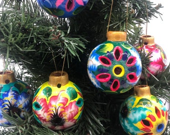 pieces of Ceramic Christmas ornaments / Mexican  ornaments, inspired by the Talavera of Mexican art, Christmas ornaments