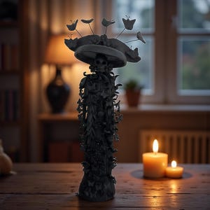 May include: A dark gray decorative sculpture of a skeleton figure wearing a wide-brimmed hat adorned with butterflies. The figure is covered in foliage and stands on a wooden table. Two lit candles are in the foreground.