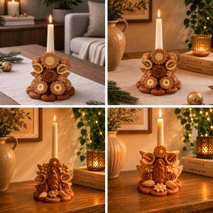 Op de afbeelding: Een terracotta-kleurige kandelaar met een sculpturaal bloemstuk en een centrale dinerkaars. De basis is versierd met diverse bloemvormen en bladeren, waarbij sommige uitvoeringen een centraal reliëf van een religieuze figuur bevatten.