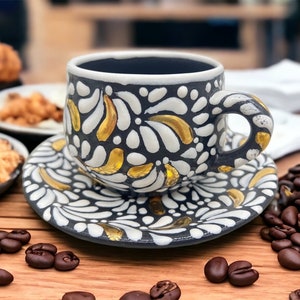 Cappuccino Cup&Plate Gold  Mexican Coffee Mug, Puebla Talavera Pottery, Ceramic Thermos, Handmade Lead-Free, Custom Available