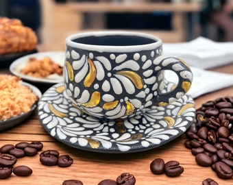 Taza de capuchino dorada, taza de café mexicana, cerámica de Talavera de Puebla, termo de cerámica, hecha a mano sin plomo