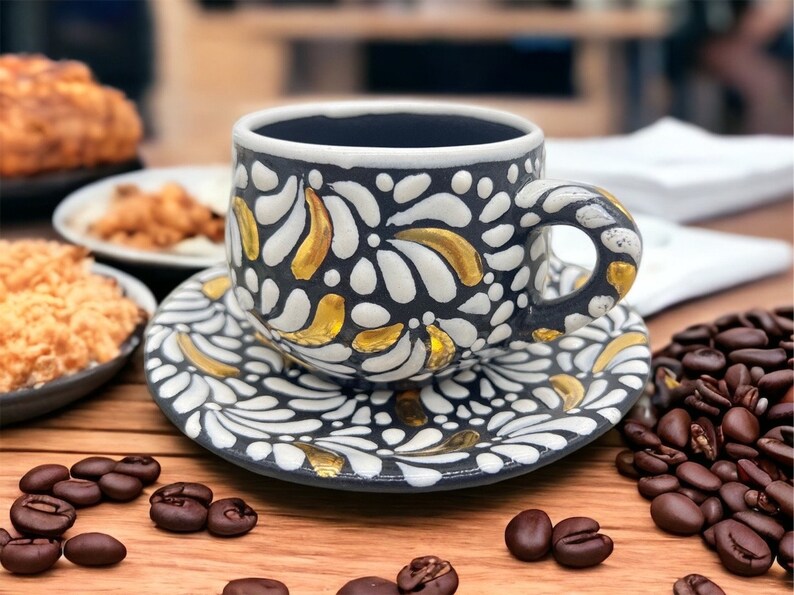Cappuccino Cup Gold Mexican Coffee Mug, Puebla Talavera Pottery ...