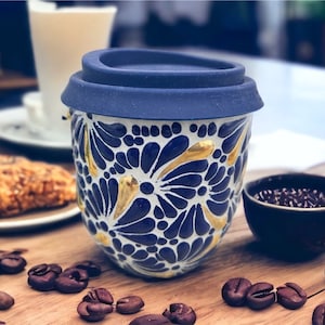 Cappuccino Cup Gold Details, Mexican Coffee Mug, Puebla Talavera Pottery, Ceramic Thermos, Handmade Lead-Free Includes Lid, Custom Available