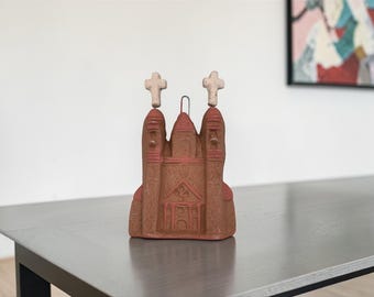 Catedral de barro hecha a mano, iglesia de arte popular mexicano, miniatura de terracota de Metepec, decoración religiosa para el hogar, belén rústico, catedral