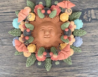 Sun Figurine With Butterflies Of Pigment Clay, Mexican Folk Art, Sun Sculpture With Hook For Wall Hanging Capula Michoacán Figurine