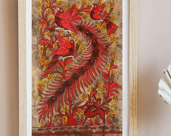 Cuadro de aves pintado en papel amate, pinturas originales de amate en el arte mexicano, pintura acrílica / Pintura mexicana artesanos auténticos