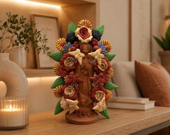 Pieza de arcilla hecha a mano de la Virgen María de 23 cm (9 pulgadas) de Metepec, Virgen de Guadalupe, decoración para el hogar.