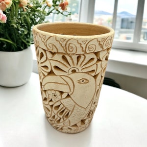 Oaxaca Vase White And Brown Clay Handcrafted Plant Pot, Pottery Luminary, White Clay Vase, Mexican Vase, Oaxaca Pottery For Home Decor