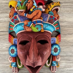 Prehispanic Wooden Mask, Mayan Culture, Made By Mayan Artisans Yucatán MEX Wall Art, Hand Carved And Painted Cedar Wood Folk Art WeCUSTOMIZE