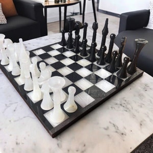 LARGE Chess set 13.77” x 13.77”, Marble Chess set in black and white, Stone Chess Set, Chess set handmade, Italian design