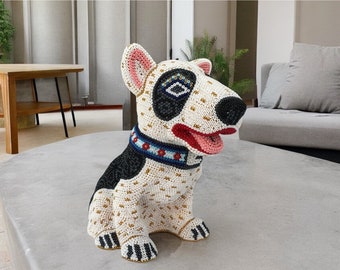 Bull Terrier Figurine Huichol Statue Of Mexican Folk Art, Dog Wixarika As A Mexican Decorative Sculpture , Made Of Resin And Beads