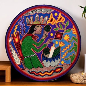 Huichol yarn painting, Mexican wall art, Wixarika culture, Abstract painting, 11.8” Diameter