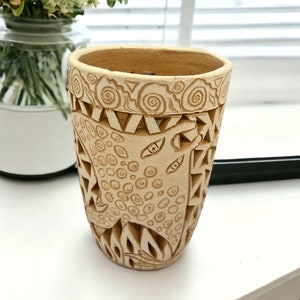 Oaxaca Vase White And Brown Clay Handcrafted Plant Pot, Pottery Luminary, White Clay Vase, Mexican Vase, Oaxaca Pottery For Home Decor
