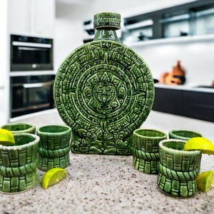 Green Ceramic Aztec Calendar Tequila Shot Glass, Guadalajara Tequila and Mezcal, Unique Set as father's day gift, Tequila set of 8 pieces