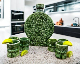 Green Ceramic Aztec Calendar Tequila Shot Glass, Guadalajara