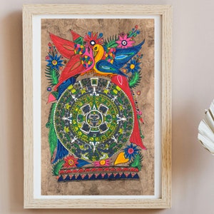 Aztec calendar painted on amate paper, original amate paintings in Mexican art, acrylic painting / Mexican painting authentic artisans.