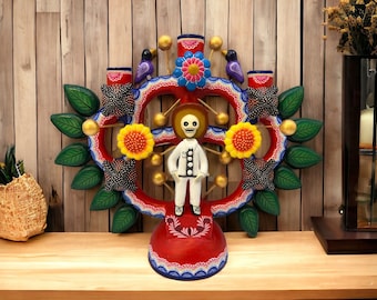 Candle Holder, Tree of death, Candelabra, Arbol de la muerte , Mexican Pottery, Mexican Candelabra 9” High