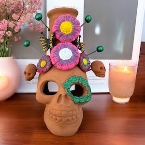 Mini lareira de caveira em argila Michoacán - decoração artesanal mexicana, decoração gótica exclusiva para casa, arte cultural do Dia dos Mortos