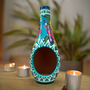 Mini Chimney Incense Burner Made Of Clay Hand Painted Guerrero, Culture Of Mexico Candle Holder For Indoor Home Decor With Vibrant Colors