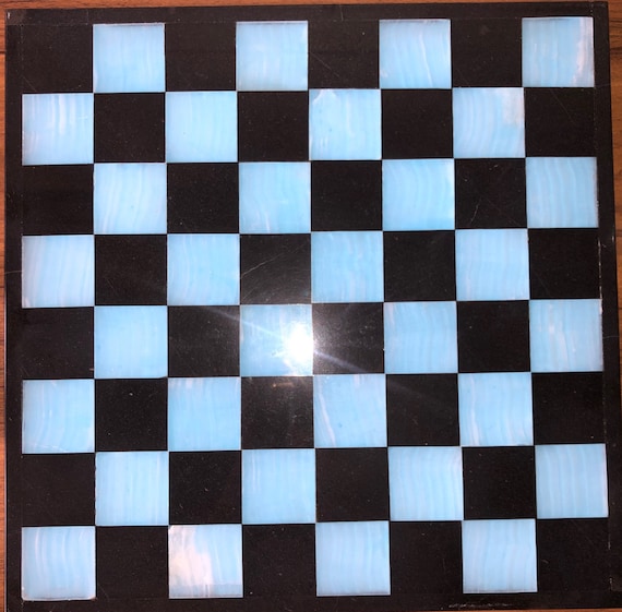 大型チェス 13.77” x 13.77”、黒と青の黒曜石チェスセット、大理石 