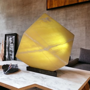 Table lamp crystal, Stone lamp, Onyx decor, Yellow table lamp, Cube lamp