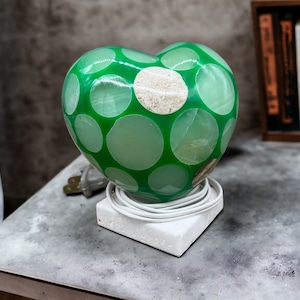 Table lamp crystal, Stone lamp, Heart figurine, Onyx lamp, Heart lamp, Love lamp, Green and white color
