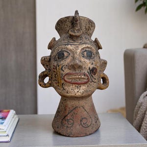 Handmade Clay Face Vase, Pre-Hispanic Inspired Pottery, Terracotta Head Planter, Decorative Mexican Pot, Tribal Art Sculpture Ancestral