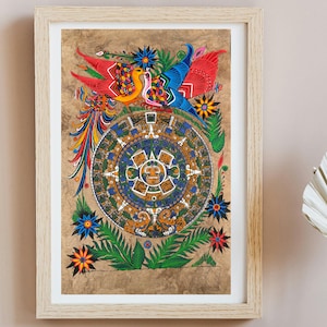 Aztec calendar painted on amate paper, original amate paintings in Mexican art, acrylic painting / Mexican painting authentic artisans.