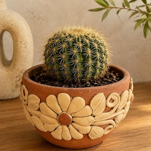 May include: A round, dark green cactus with sharp yellow spines planted in a terracotta-colored clay pot. The exterior of the pot features raised, light-colored floral and leaf relief decorations encircling the entire circumference.