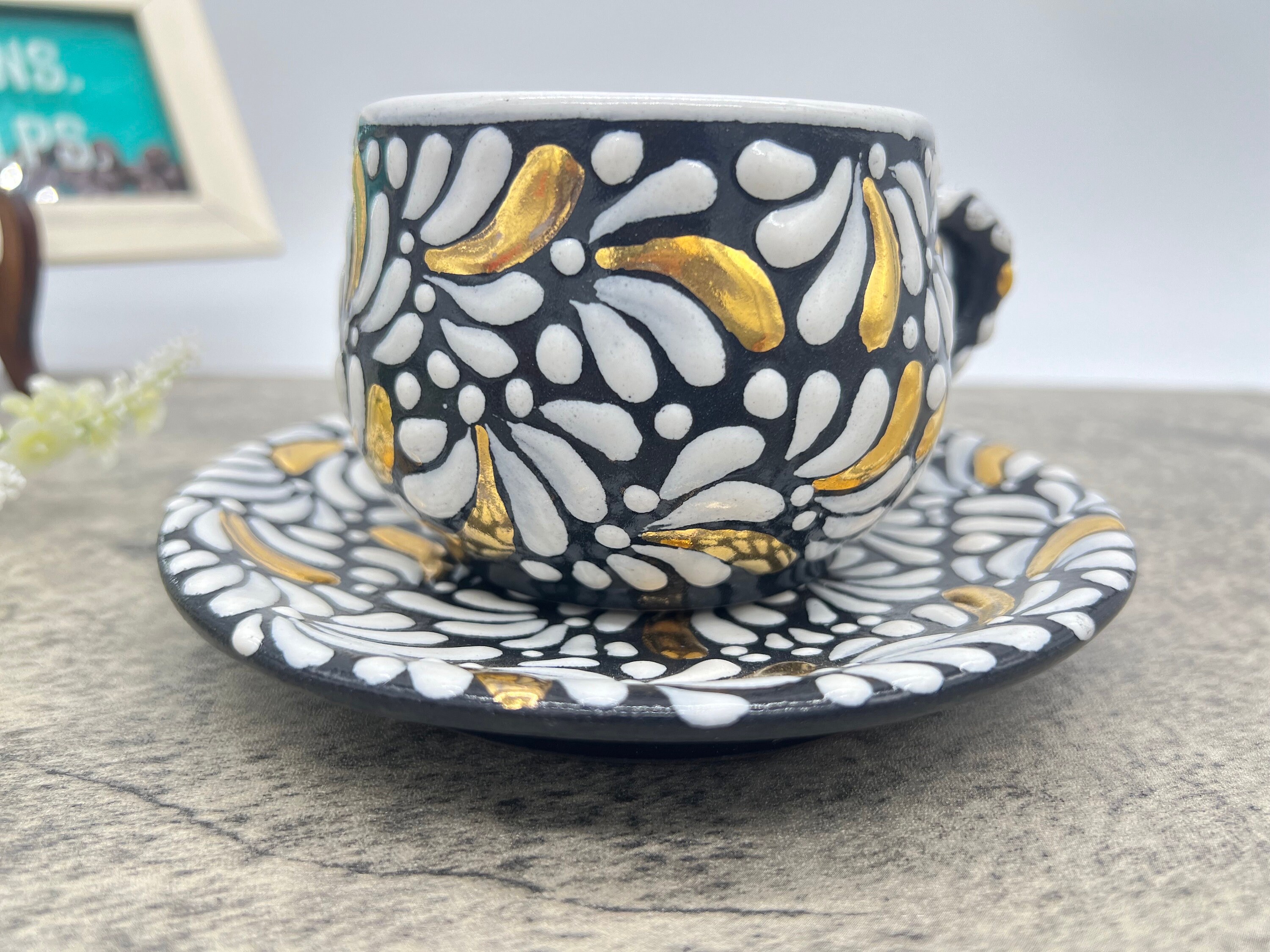 Cappuccino Cup Gold Mexican Coffee Mug, Puebla Talavera Pottery ...