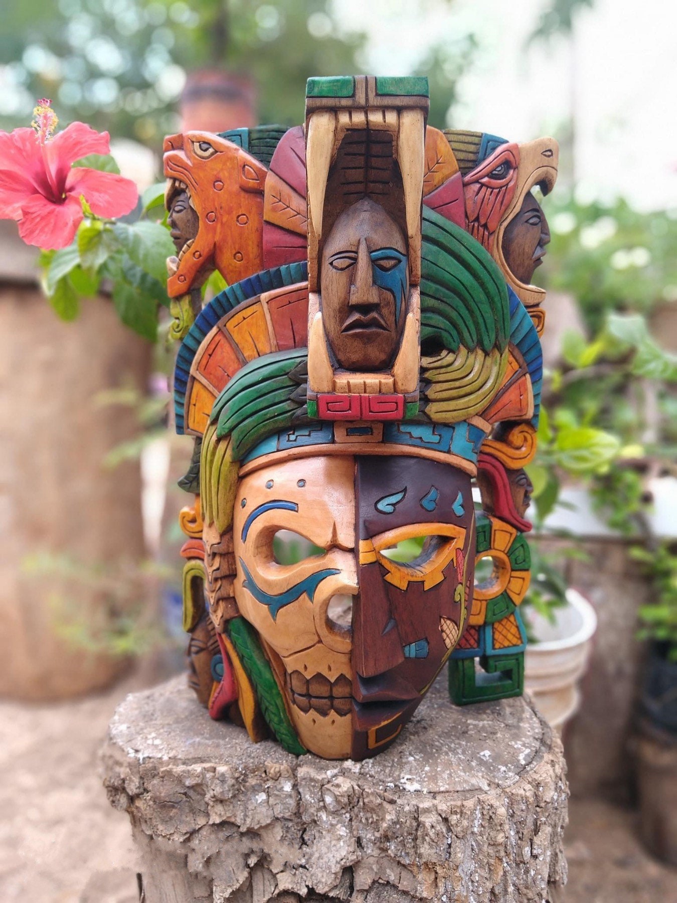 メキシコ 木彫りのマスク　木彫 彫刻 仮面 アート 芸美術 古道具 アンティーク Prehispanic Wooden Mask, Mayan Culture, Mexican Wall Art, Hand