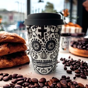 Cappuccino Cup, Dia De Los Muertos Mexican Coffee Mug, Puebla Talavera Pottery, Ceramic Thermos,  Lead-Free  Custom Available