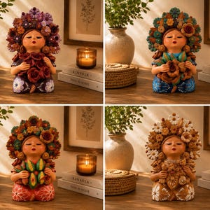 May include: Four decorative figurines of children with closed eyes, each wearing a large, elaborate floral headdress and holding a bouquet of flowers. The figures feature painted details on their clothing and are presented in four distinct color palettes.