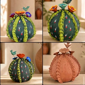 May include: A collection of spherical ceramic cactus sculptures featuring vertical ridges, small painted red and white accents, and decorative floral toppers. Some versions include a small bird figure perched atop the colourful flowers.