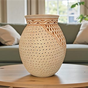Op de afbeelding: Een beige keramische vaas met een ronde body en een brede opening. De vaas heeft een patroon van kleine cirkels en uitgesneden ruitvormen. De bovenkant en een verticaal gedeelte zijn versierd met bruine geometrische ontwerpen. De vaas staat op een houten tafel.