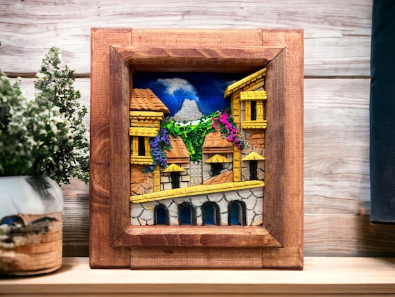アート543　「窓」　チェコのリトグラフ(石版画)　インテリアアート Wall Art 3D in Rock Pomez and Wood Frame/ Hand Carved and Design