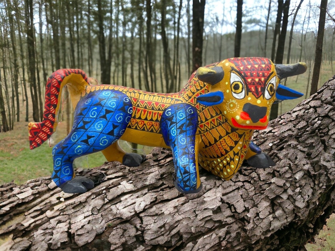 Bull Figurine Mexican Folk Art Alebrije Statue, Wooden Bull as