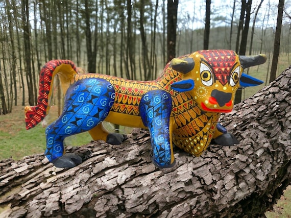 Bull Figurine Mexican Folk Art Alebrije Statue, Wooden Bull as