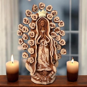 Pieza de arcilla hecha a mano de la Virgen María, Decoración Mexicana Virgen de Guadalupe, Escultura de la Virgen María, Metepec Estado de México Virgencita