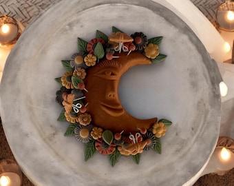 Moon Figurine With Butterflies Of Pigment Clay, Mexican Folk Art, Moon Sculpture With Hook For Wall Hanging Capula Michoacán Figurine