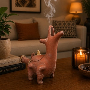 May include: A terracotta incense burner shaped like a stylized four-legged animal with a long neck and open mouth. The reddish-brown clay figure features a small, light-colored horn on its back and emits a thin, vertical trail of white smoke.