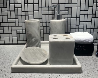 Decoración de baño, Dispensador de jabón, Accesorios de baño, Dispensador de jabón de piedra, Porta jabón líquido, Juego de 5 piezas gris