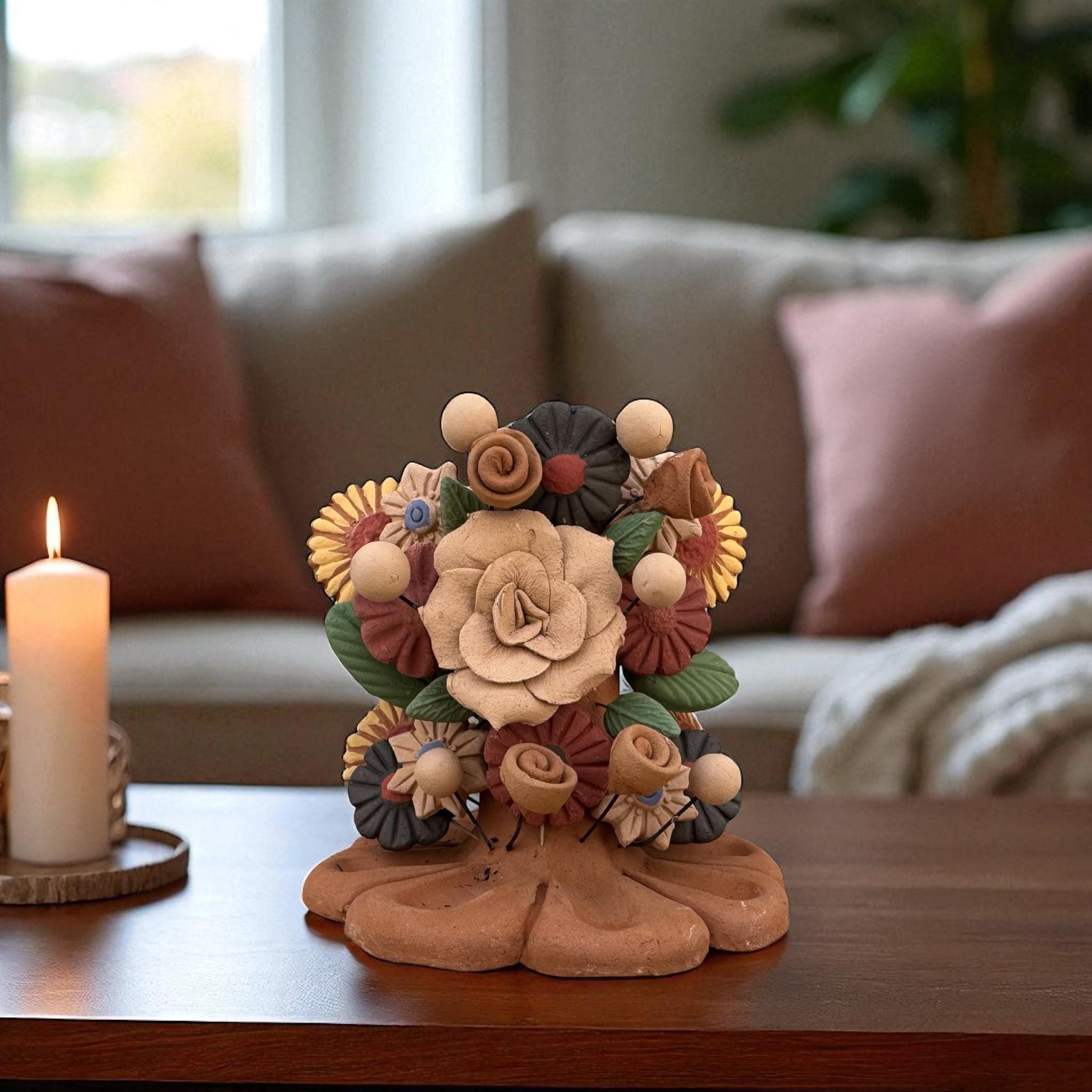 Handmade Clay Candle Holder From Oaxaca, Mexico Terracotta Floral
