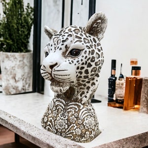 Jaguar Head Sculpture Fully Covered With Flowers Mexican Decoration, Prehispanic, Aztec decor, Mexican statue