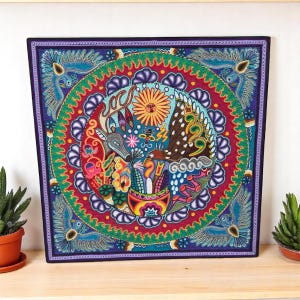 Huichol Yarn Art Deer Peyote Sun Mandala Mexican Folk Art Handmade Wixarika Spiritual Wall Decor Sacred Visionary Indigenous Mexico