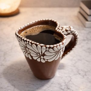 Cappuccino Heart Cup, Mexican Coffee Mug, Puebla Talavera Pottery, Ceramic Thermos Lead-Free